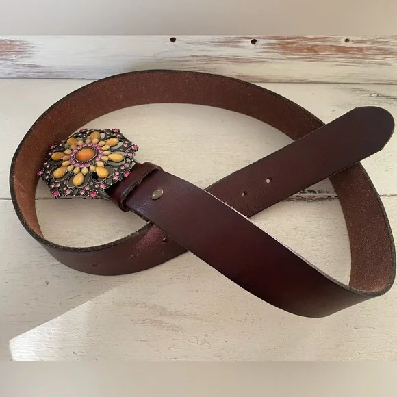 EUC Leather Belt EUC! Brown Handmade Mexican Tooled Woven Leather Western  main image 3